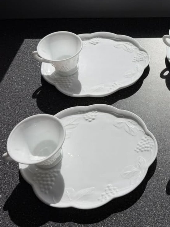 Milk Glass Other - Vintage White Milk Glass Snack Set – 4 Cups & 4 Grape Pattern Plates